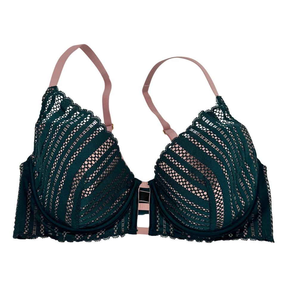 Victoria's Secret Bra Womens 34D Lined Plunge Green Lace Overlay Pink Base